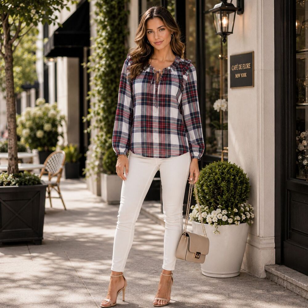 VINEYARD VINES Womens New Top Blouse XXS Cotton Plaid Ruffle 2W001904-F367